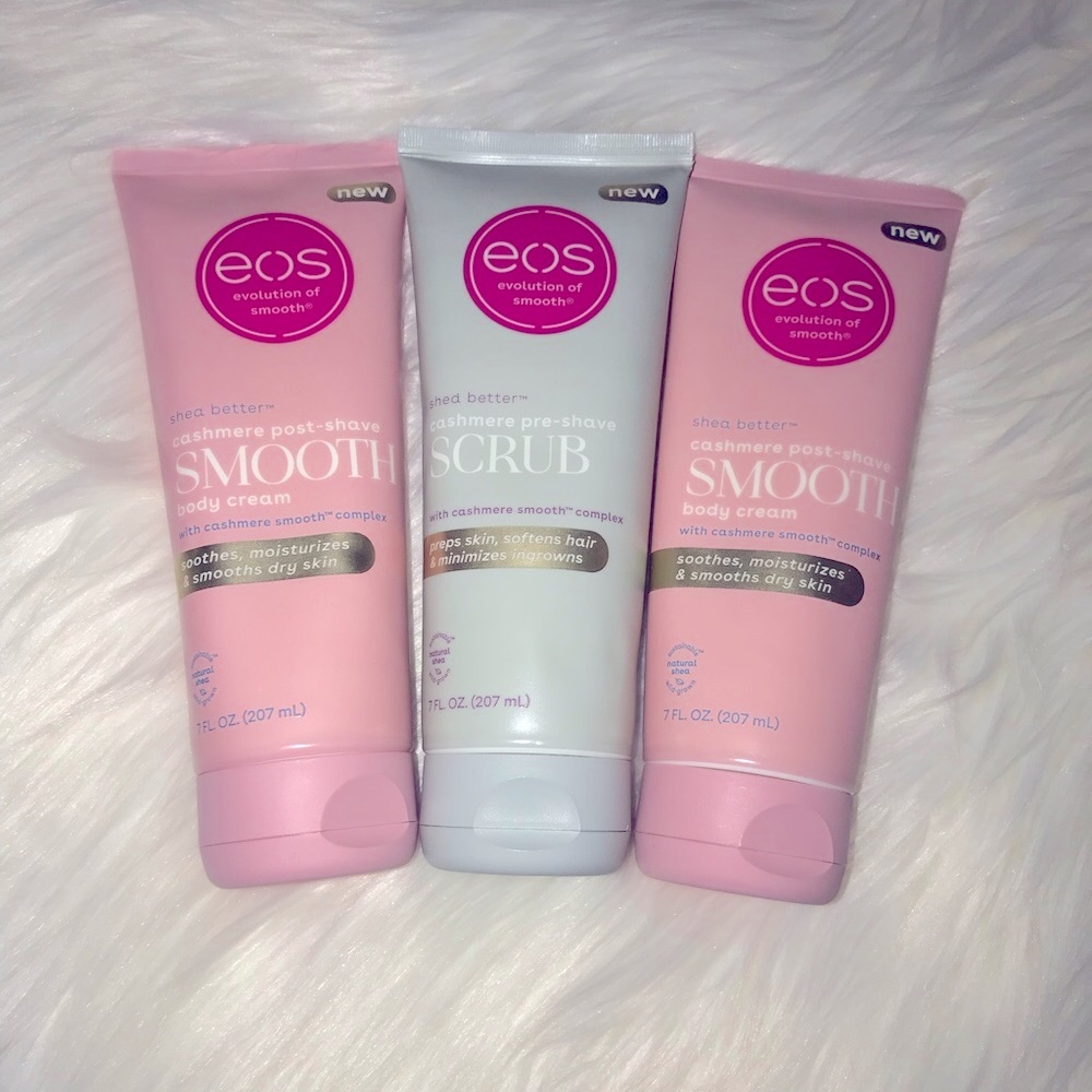 New EOS Body Scrub & Post Shave Body Cream In Cashmere